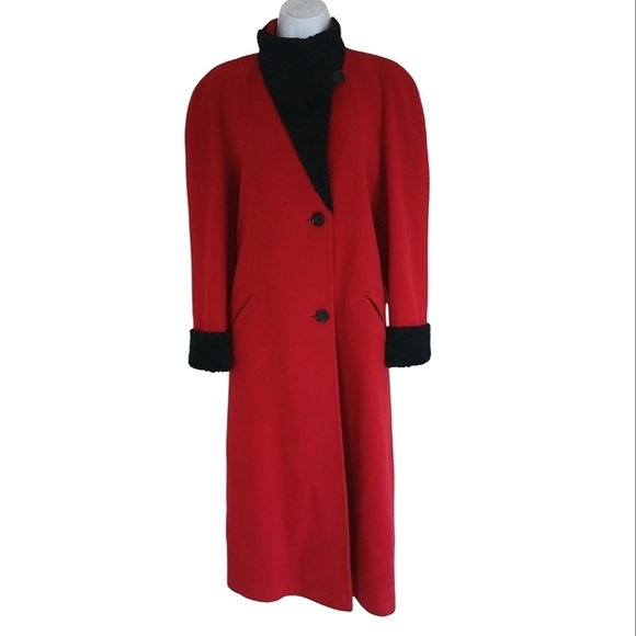 Vintage Wool Red Black Trench Coat Jacket Medium - Picture 3 of 8